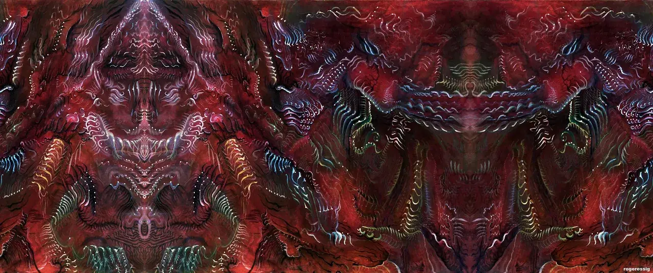 closed-eye vision seen on separate trips on different drugs. Seen on LSD, Mushrooms, Ecstasy. Oil painting, digitally mirrored with some added highlights in photoshop.