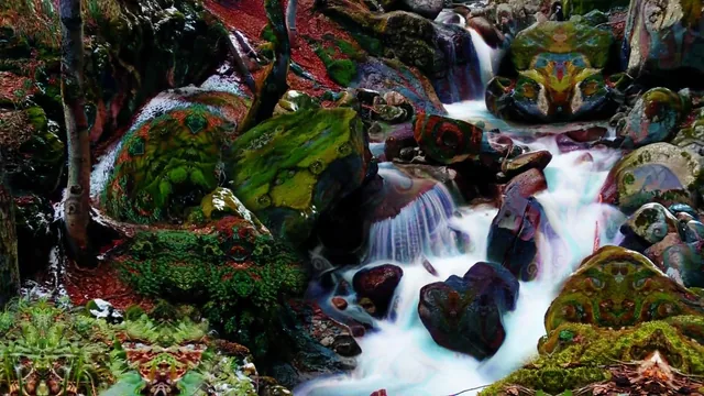 This creek on psychedelics (Texture repetition, Pattern recognition enhancement, Visual drifting, Geometry, Time dilation, Color shifting)