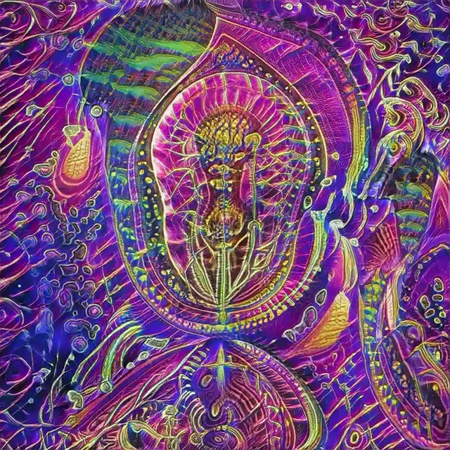 Further experiments training a neural network on visionary artwork in order to generate psychedelic visuals. This one used a completely different dataset of ~3000 images