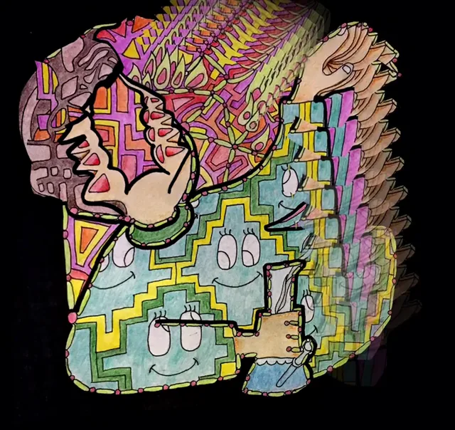 Salvia 40x replication attempt with colored pencils, sharpies and digital editing. This piece is called “The Floor”