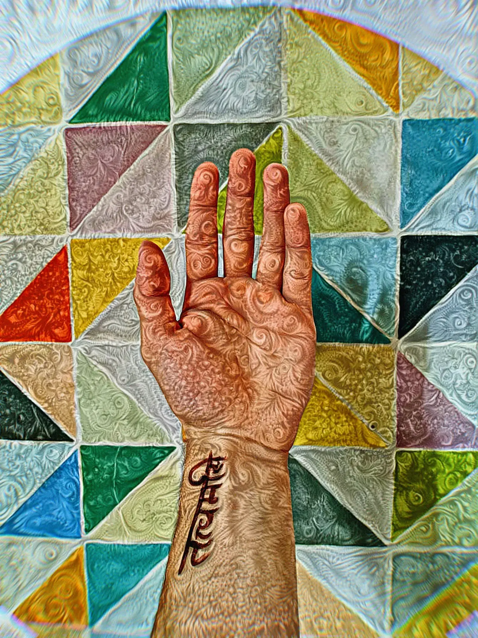 Tattooed Hand over Patchwork Geometry