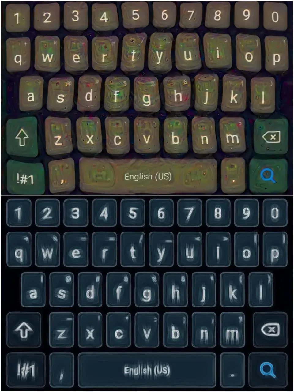 Did my best to replicate a phone keyboard on lsd (top) and shrooms (bottom) based on what I can recal from my trips