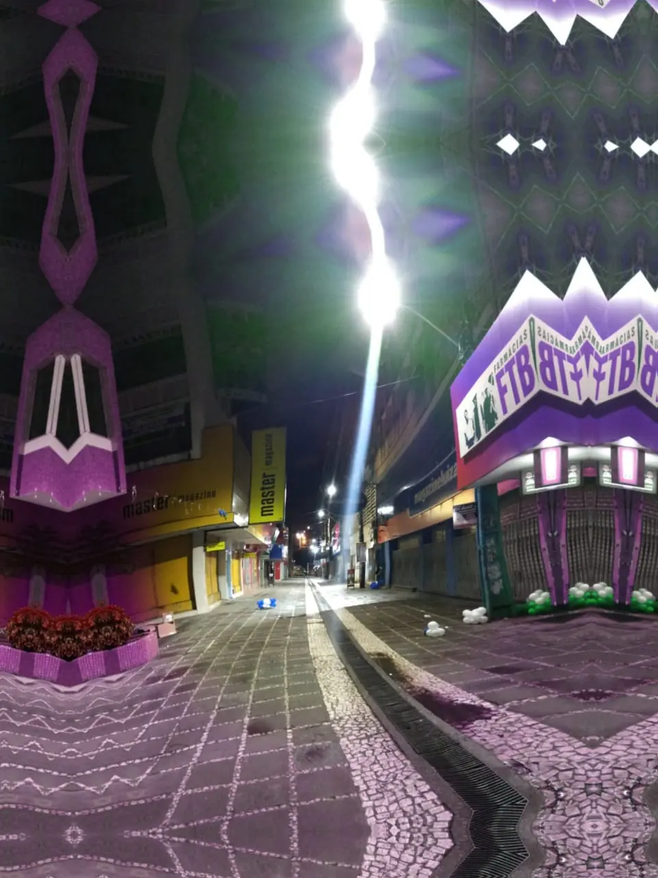 High doses in the street. (Mirroring, color shift and enhancement, stretching [tunnel], waving...)