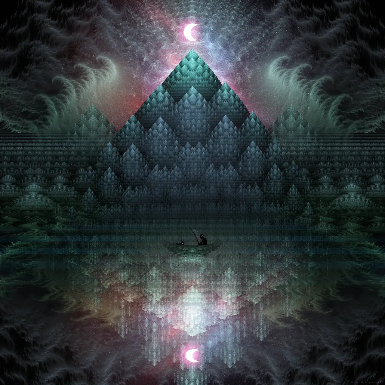 Some trippy / tranquil art I made called 'Fishing by Night'. Created with lots of detailed intricate fractals. Large zoomable image.