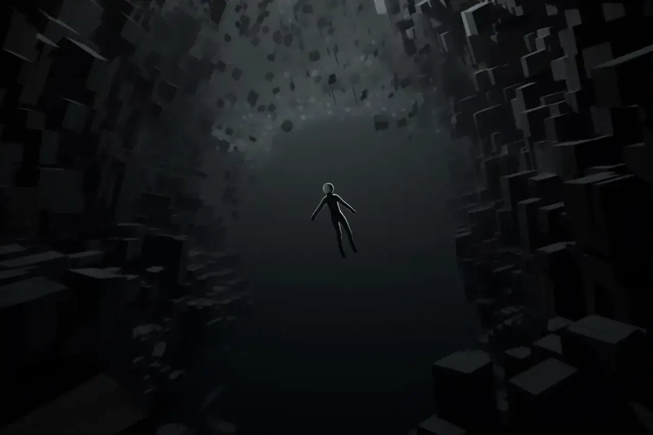 Tiny Woman Drifting through a Dark Grid