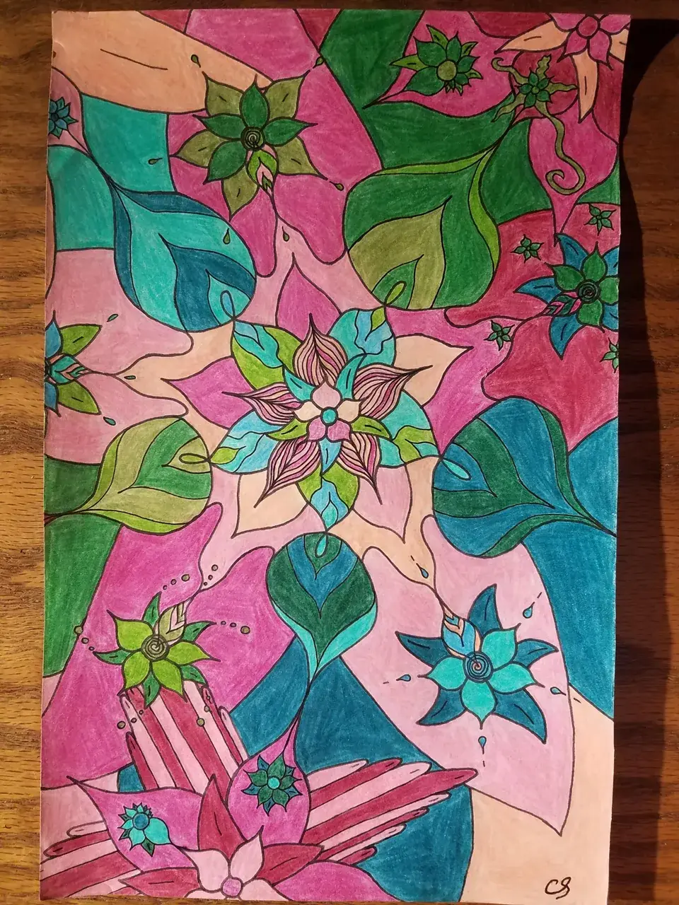 An attempt to recreate some shroom visuals with pen and colored pencil. Outline was drawn during a trip, coloring done sober