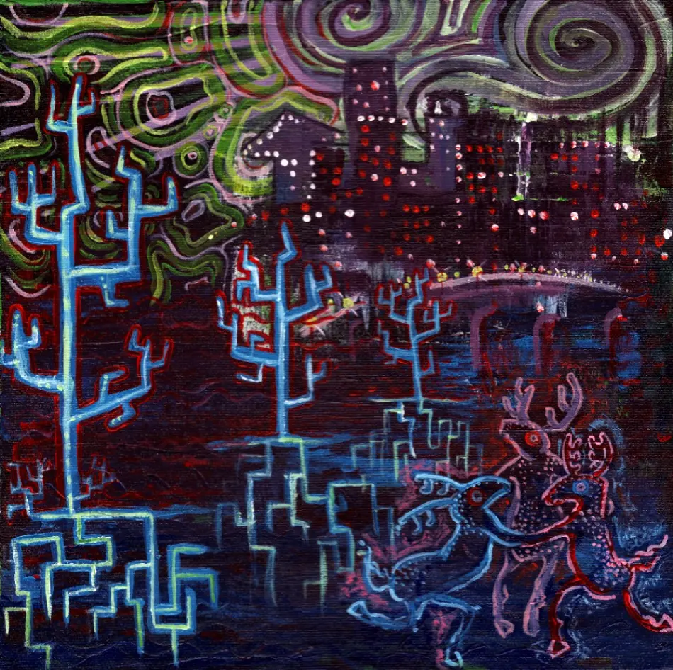 "Ring Around The Rosy" Looking out my bedroom window on San Pedro and Peyote (acrylic on canvas)