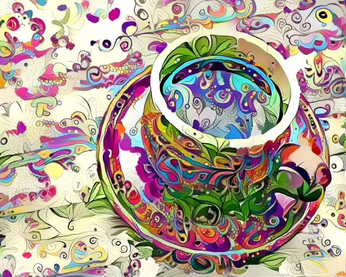 This Google Deep Dream generated picture of a coffee cup.