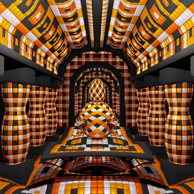 Receding Sculpture Beneath Orange Arches